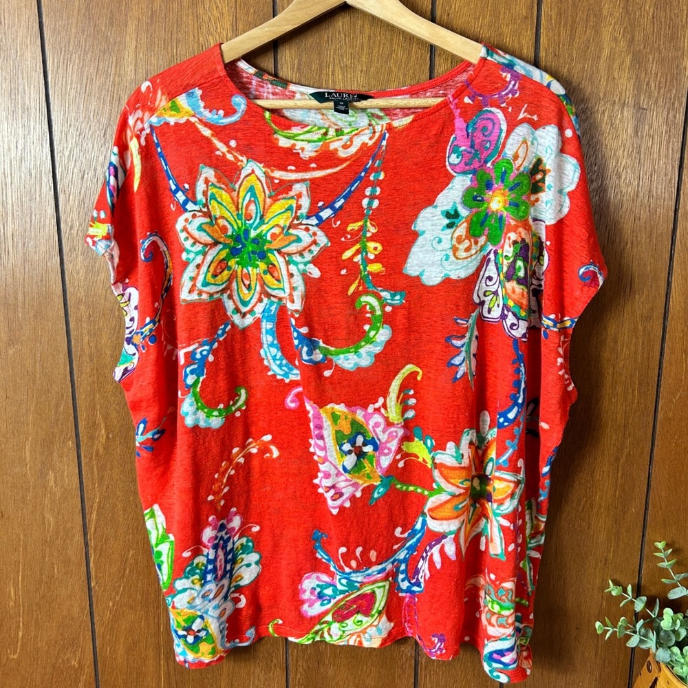 Lauren Ralph Lauren Womens 1X Red Floral Linen Blend Boat‎ Neck Top Plus Size